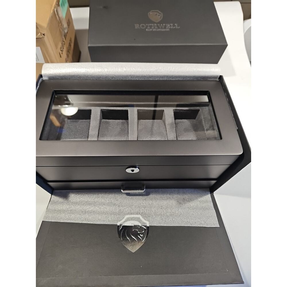 ROTHWELL 4 Slot Leather Watch Box with Valet Drawer - Medium, Blue/Grey NEW NIB - Picture 2 of 7